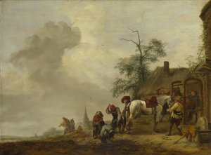 Un caballo siendo herrado fuera de una herrería del pueblo de Philips Wouwerman